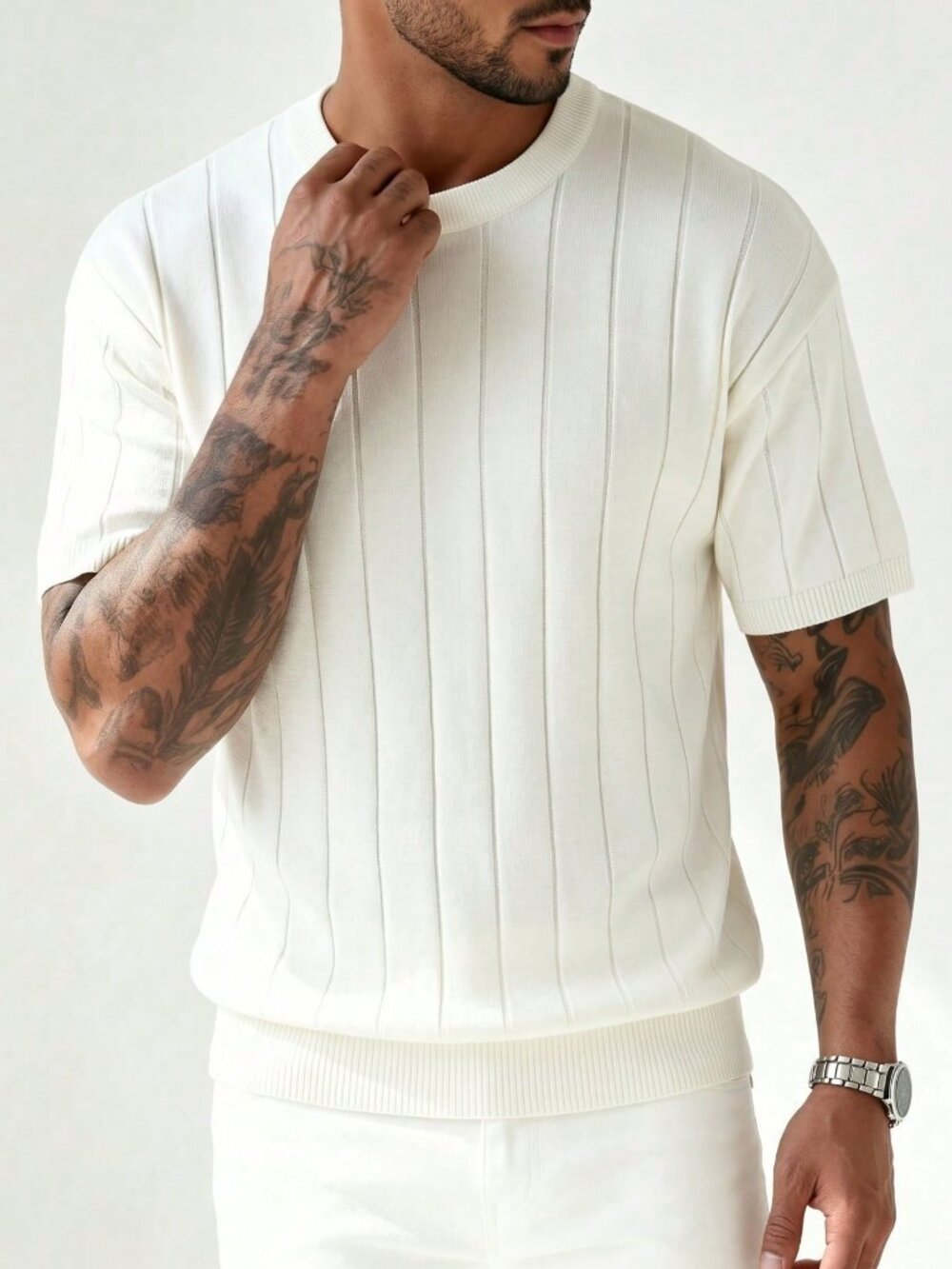 White Men's Ribbed Crew Neck Thin Knit Sweater Loose Fit Short Sleeve